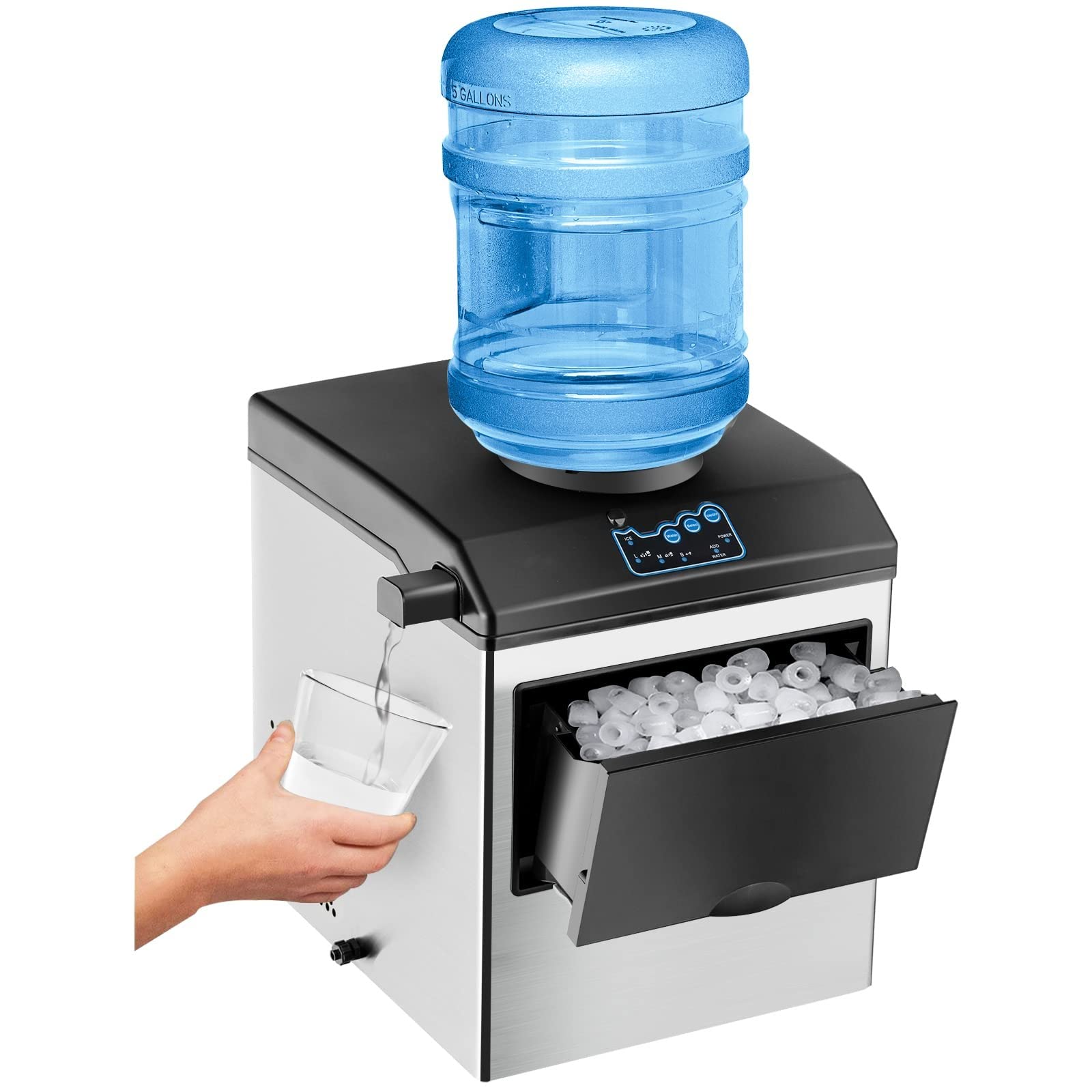 2 in 1 Countertop Ice Maker Machine with Water Cooler Dispenser Combo, 48LBS/24H, S-M-L 3 Sizes Bullet Ice