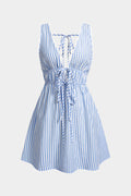 Stripe Print V-Neck Tie-Up Backless Sleeveless Mini Dress